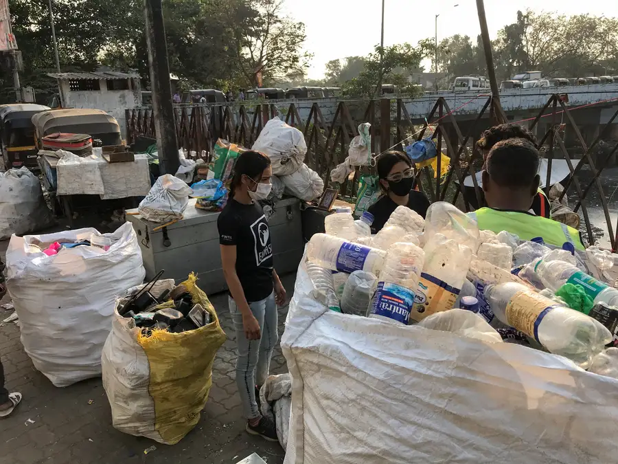 Sacks of recovered PET bottles and plastic collected with Earth5R support at the Mithi River in Mumbai