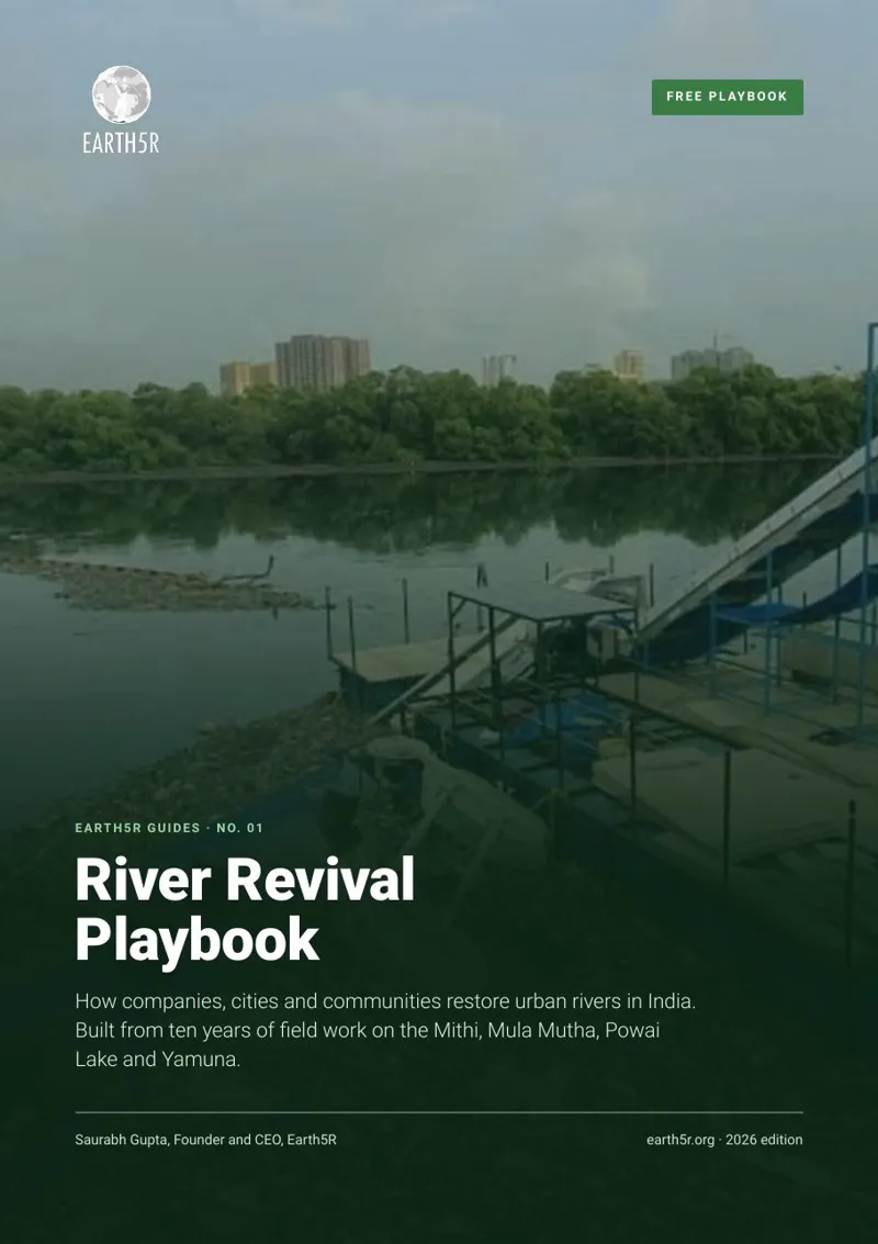 Cover of the free Earth5R River Revival Playbook, a CSR and ESG guide to restoring urban rivers in India