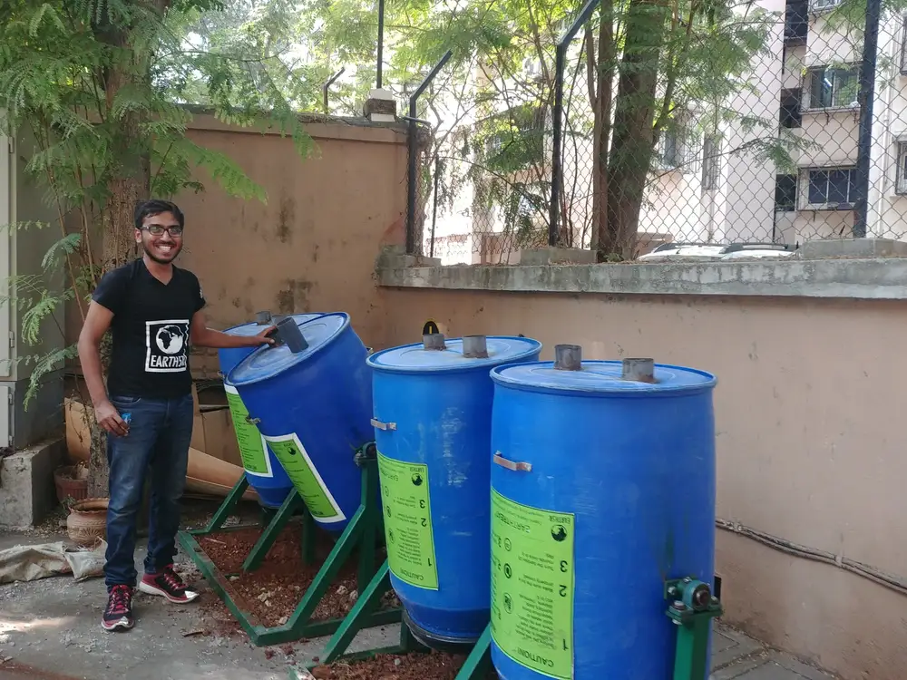 Earth5R upcycled drum composters, made from industrial containers, installed at a housing society in Mumbai