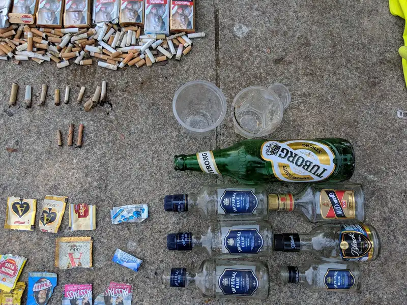 Waste audit of cigarette butts, bottles and wrappers recovered at an Earth5R lake cleanup in Powai, Mumbai