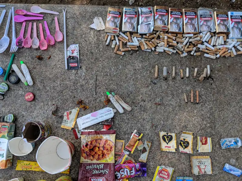 Earth5R waste audit of plastic cutlery, wrappers and cigarette butts recovered at Powai Lake in Mumbai, waste data for ESG reporting