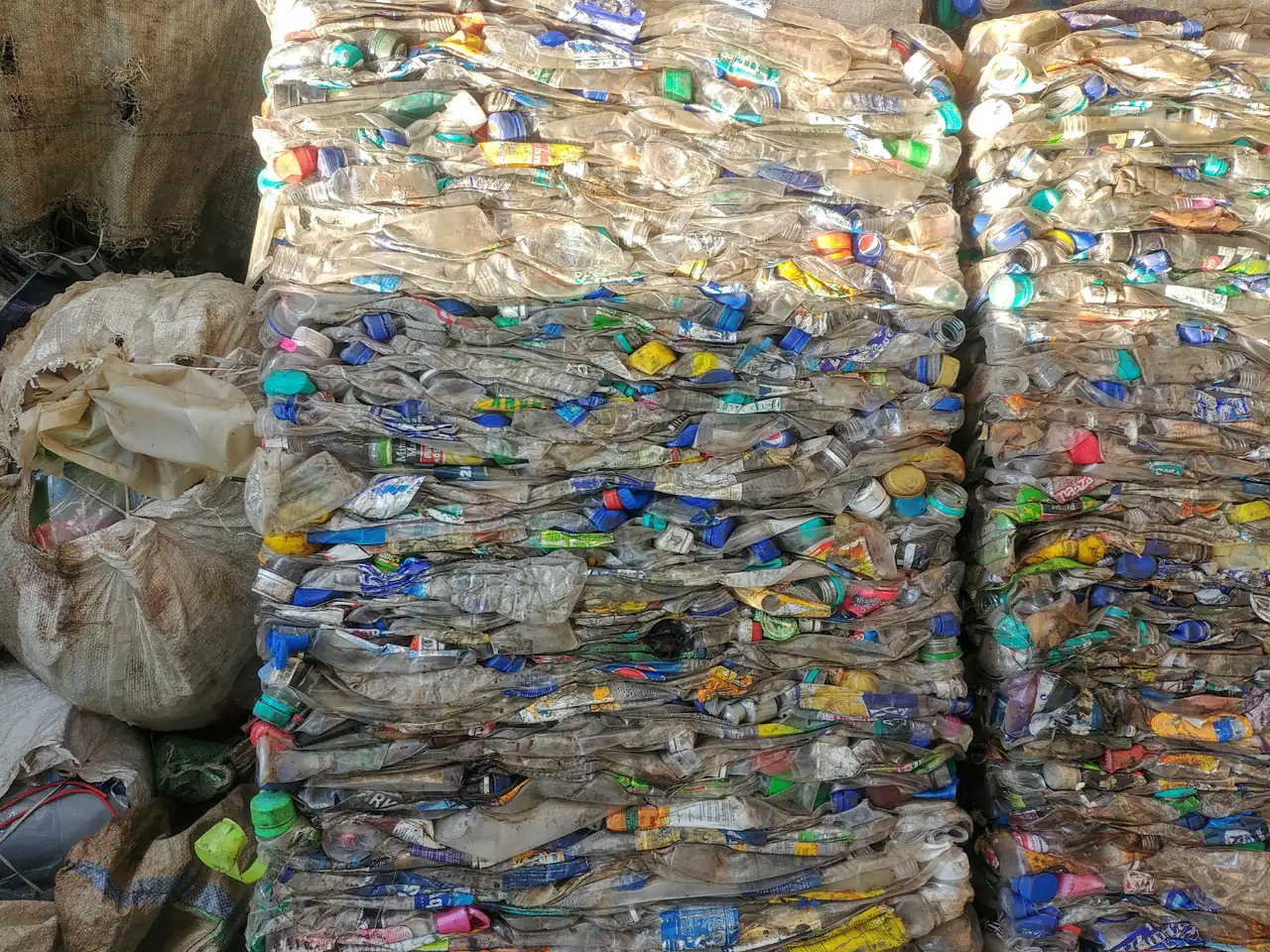 Chemical engineering internship field work. Bales of compressed plastic bottles ready for recycling