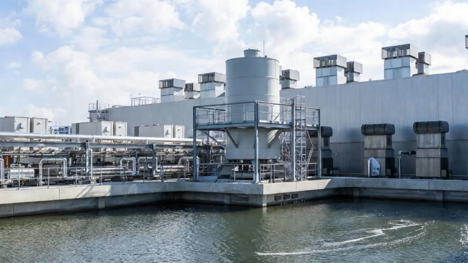 Data centre cooling tower and pipework next to an open water reservoir used for evaporative cooling
