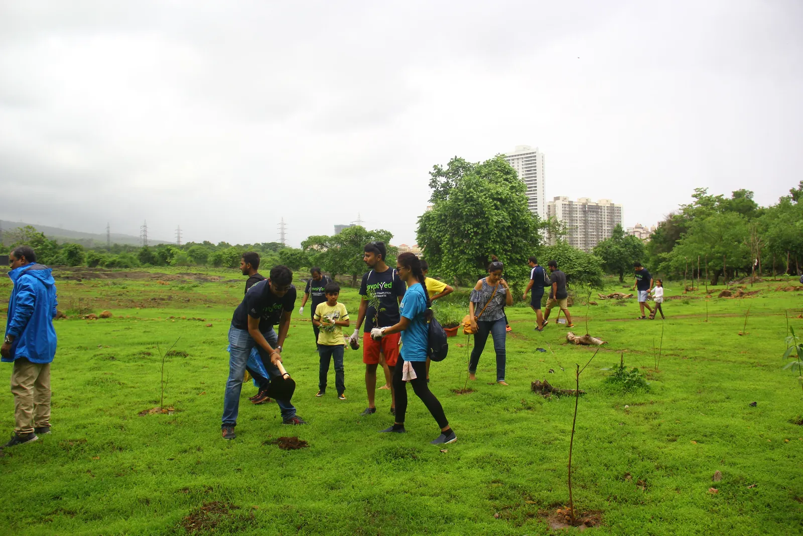 Many volunteers spread across a grassy field planting saplings, a high-rise behind