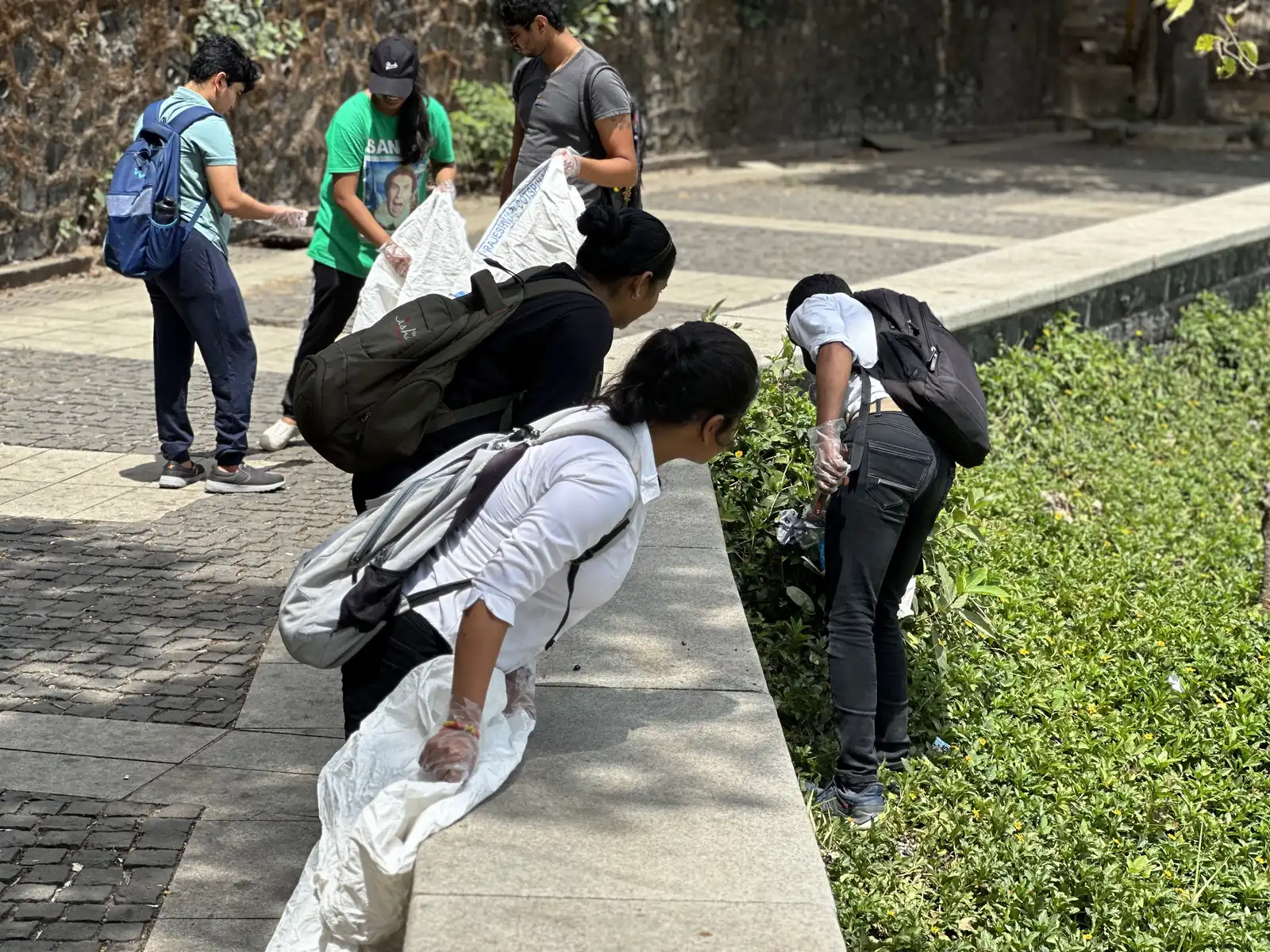 High school environmental science internship field work. Students with bags picking litter from a grassy slope beside a path in Mumbai
