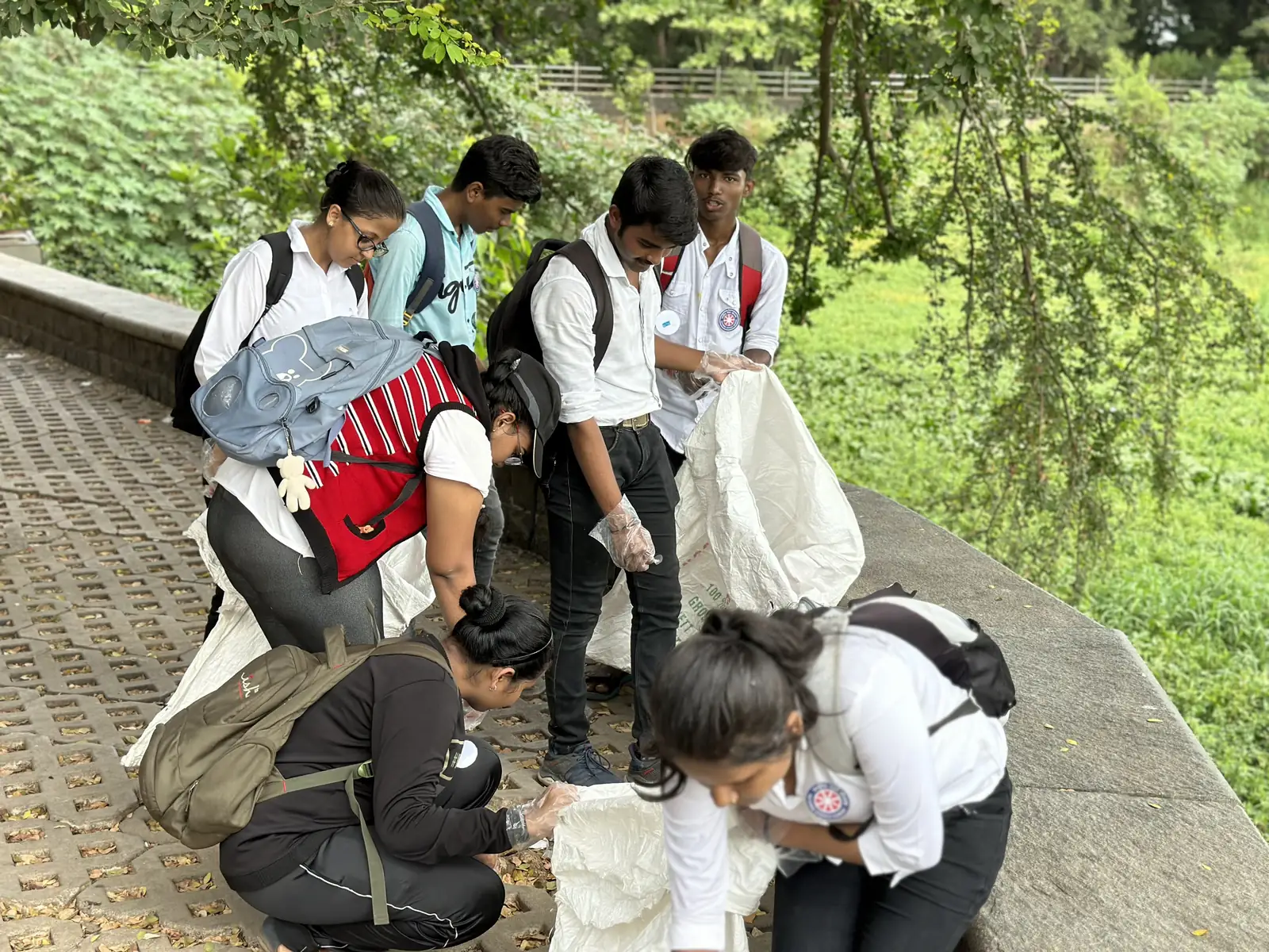 High school biology internship field work. Students in white tops picking plastic from a stone embankment in Mumbai